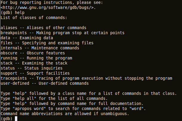 getting help within gdb