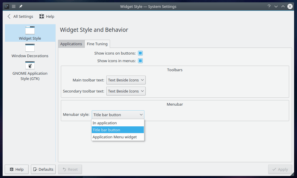 The Widget Style panel