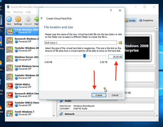 Choose a hard disk size of 20GB