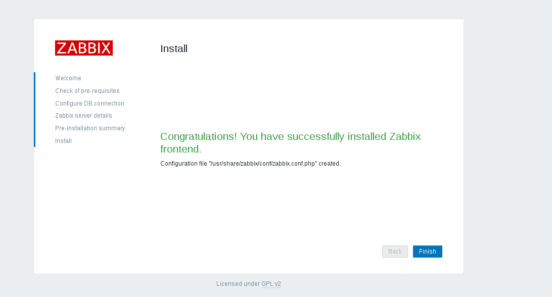 Zabbix installation finished