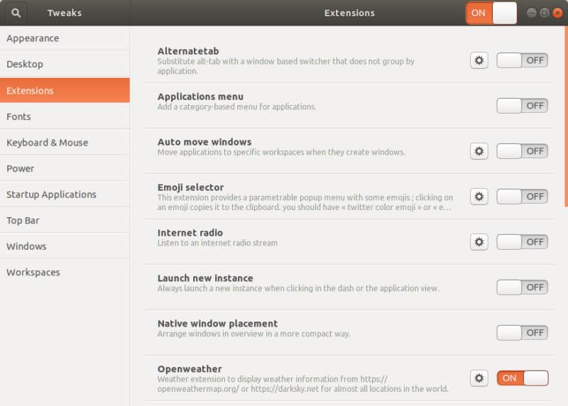 GNOME Tweaks to handle GNOME Shell Extensions