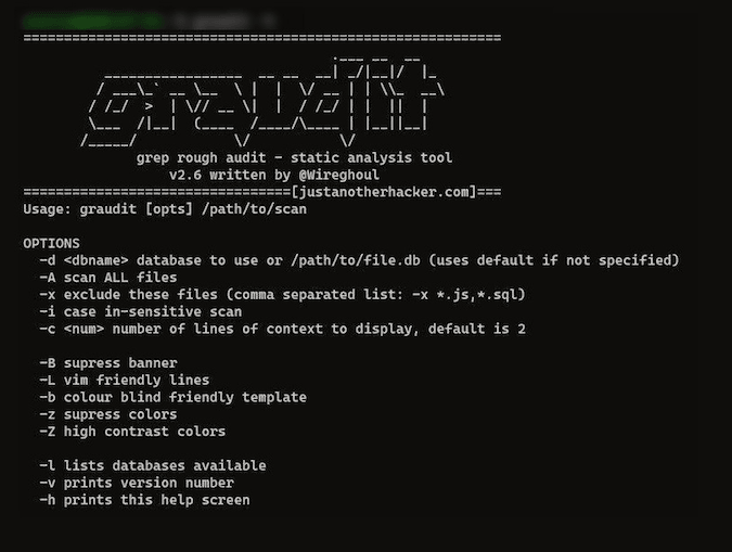 Graudit terminal screen showing help page