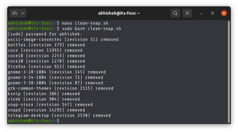 Removing old snap package versions