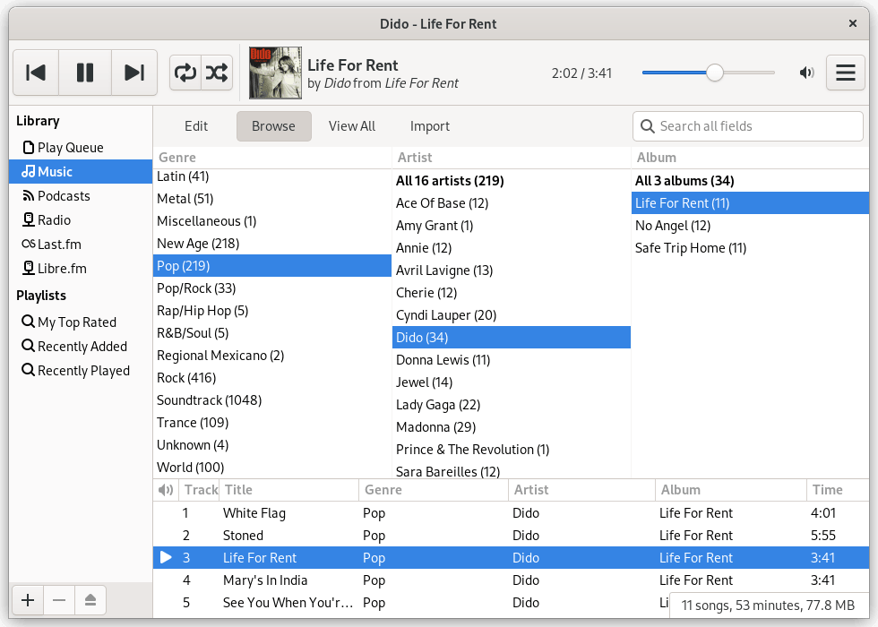 Listening to a music library in Rhythmbox