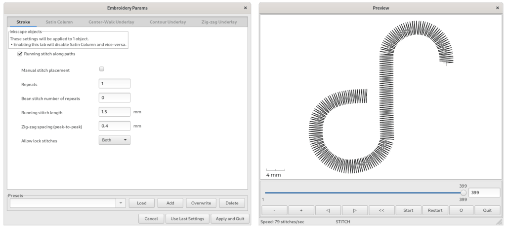 Parameter setting dialogue and on the right the Fedora logo shape embroidered as Zig-Zag line