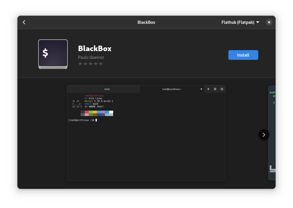 Blackbox can also be installed in GNOME Software Center