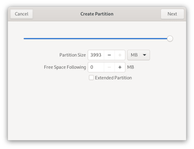 Creating a new partition and setting size