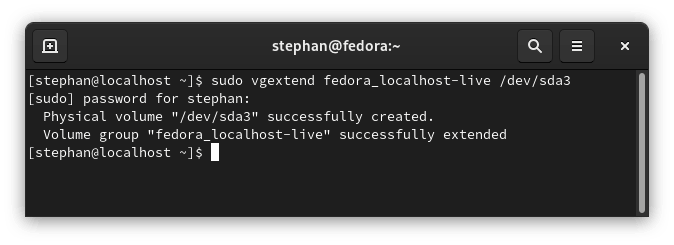 vgextend command output