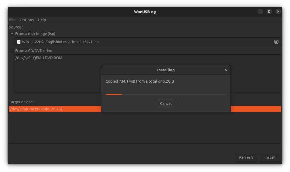 woeusb writing windows iso to the usb drive