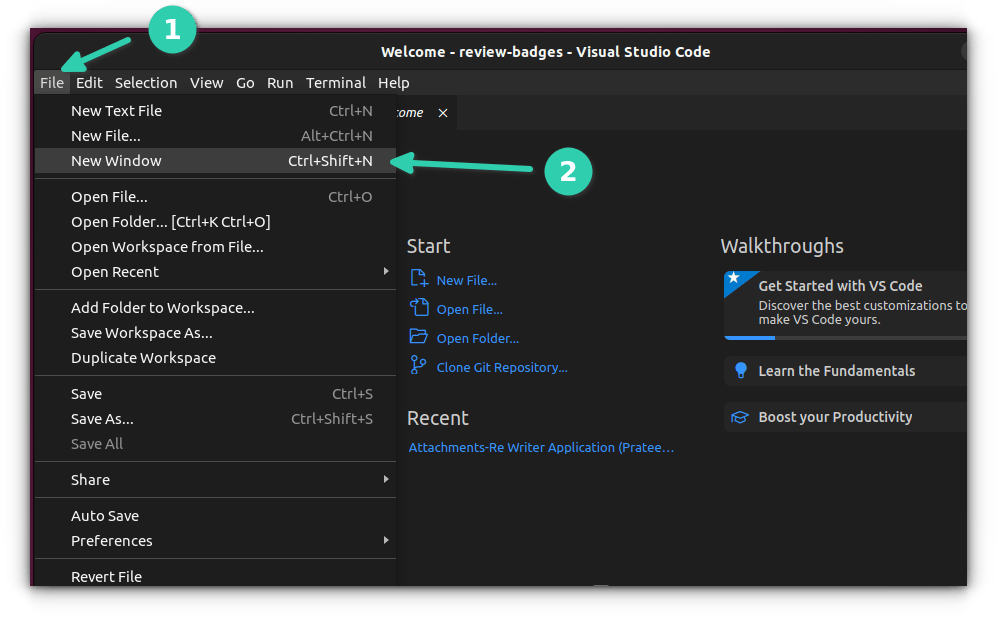 Open a new window in VS Code