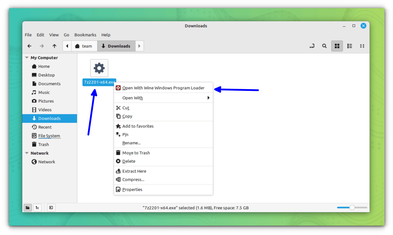 Open 7zip exe file using Wine WIndows Program Loader in Nemo file manager